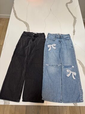 Girls Abercrombie kids Black & Light Blue Bow 🎀Wide-Leg Jeans size 7/8 Long